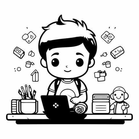 Vector illustration of cute little boy using laptop for school.