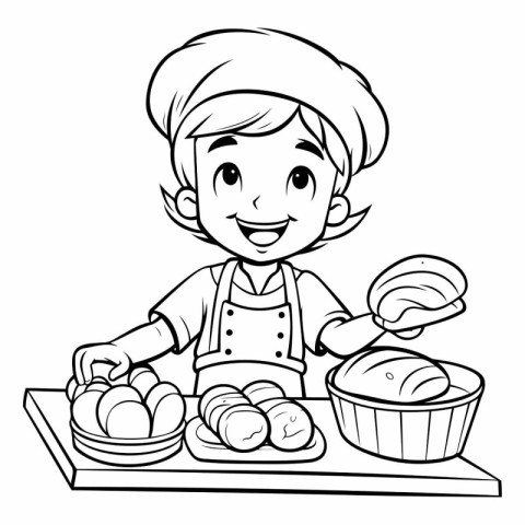 Black and White Cartoon Illustration of Cute Little Boy Baking B