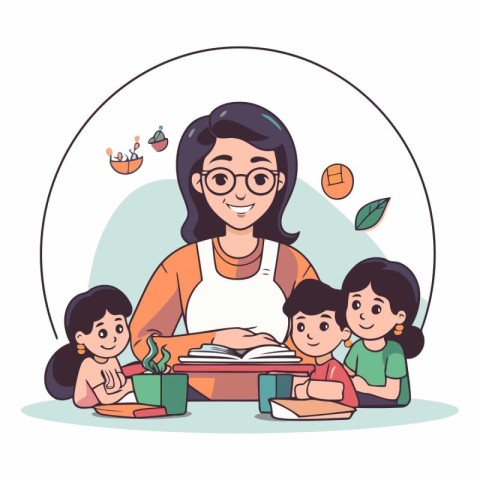 Teacher with children in a flat cartoon style.