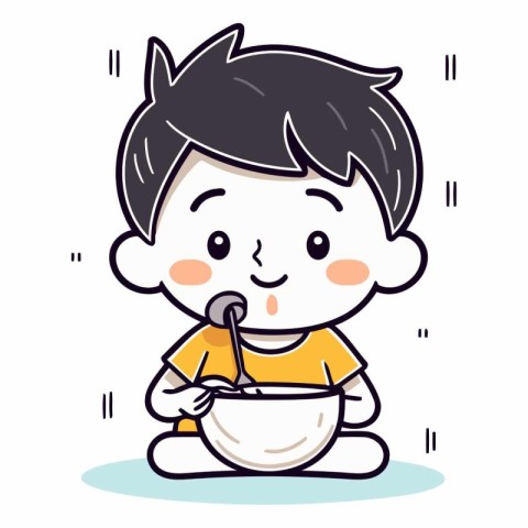 Cute little boy eating soup in cartoon style.