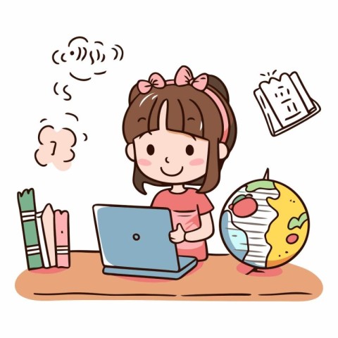 Illustration of a little girl using a laptop while studying at h