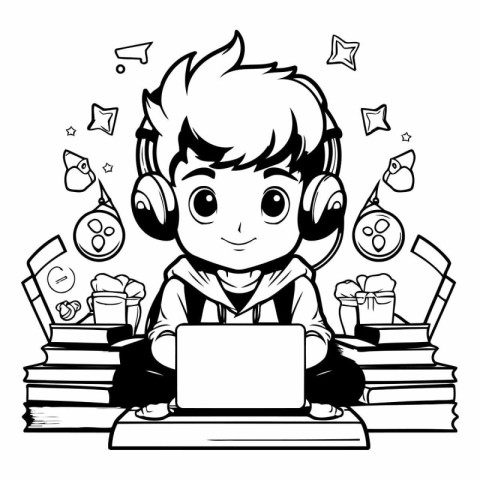 Black and White Cartoon Illustration of Kid Boy with Laptop or C