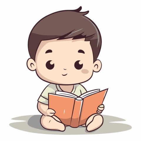 Cute little boy reading a book on white background.