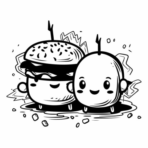 Black and White Cartoon Illustration of Funny Burger Comic Chara