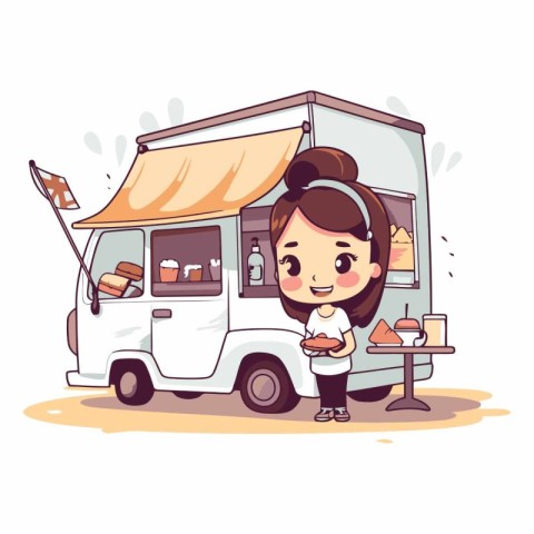 Cute cartoon girl selling ice cream in street food truck.