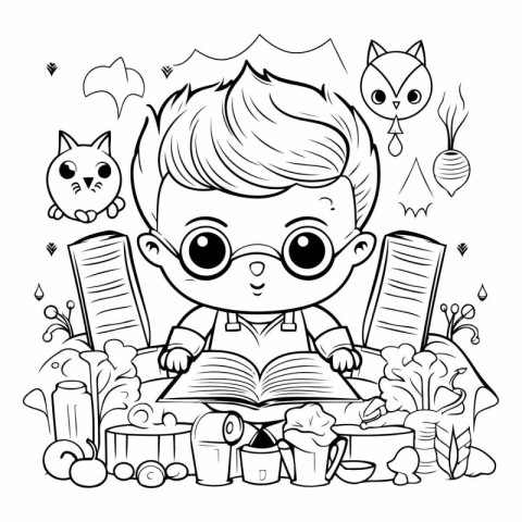 Cute little boy reading a book. Black and white vector illustrat