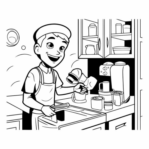 Illustration of a Man Making Coffee in the Kitchen - Black and W