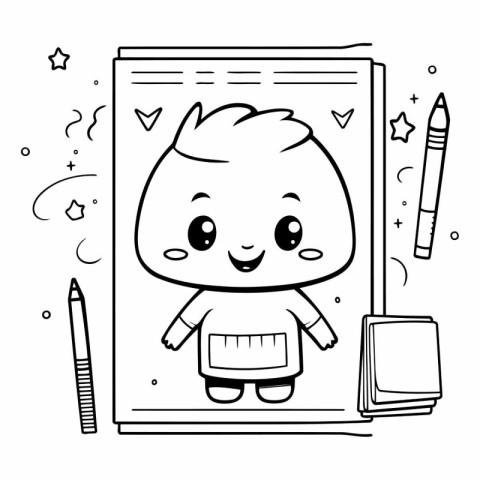 cute little boy with notebook and pencils cartoon vector illustr