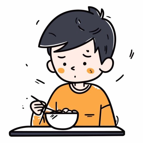 Illustration of a Kid Boy Eating a Bowl of Noodles