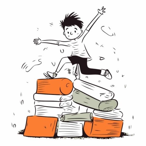 Boy jumping from a pile of books. Vector hand drawn illustration