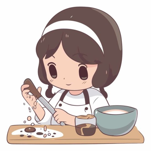 Illustration of a Cute Girl Cooking in the Kitchen with a Spoon