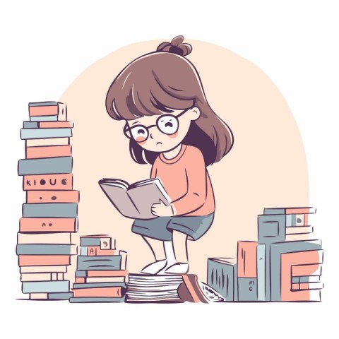 Little girl reading a book in the library in cartoon style.