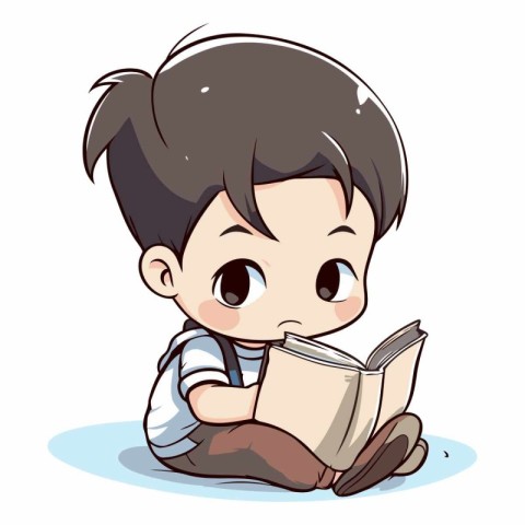 Cute boy reading a book on white background.