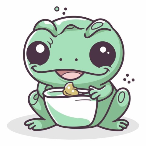 Frog with a bowl of food. Cute cartoon vector illustration.