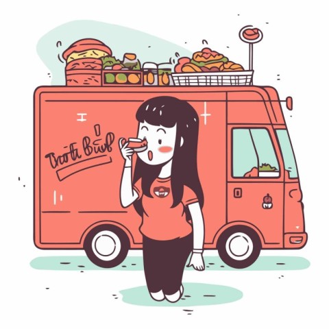 Illustration of a woman eating a hot dog while standing near a f