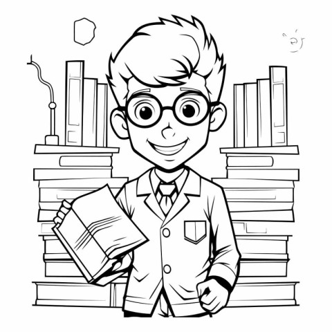 Black and White Cartoon Illustration of a Boy Student with Books