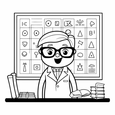 Black and white illustration of a boy in a chemistry class. Vect