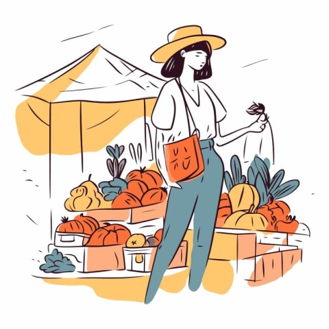 Vector illustration of a woman selling fruits and vegetables at