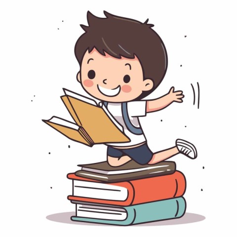 boy reading book on stack of books. education concept.vector ill