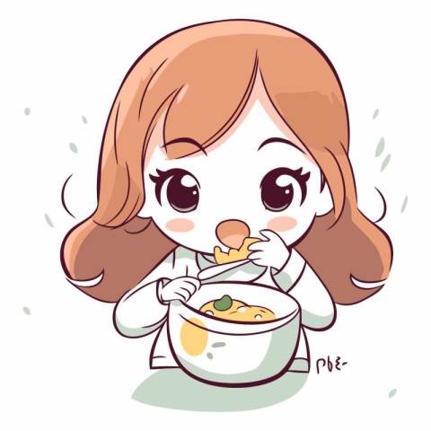 Illustration of a Cute Girl Eating a Bowl of Noodles