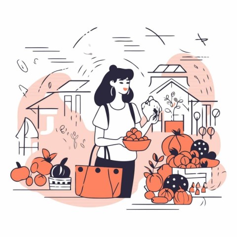 Vector illustration of a girl in a grocery store. The girl holds