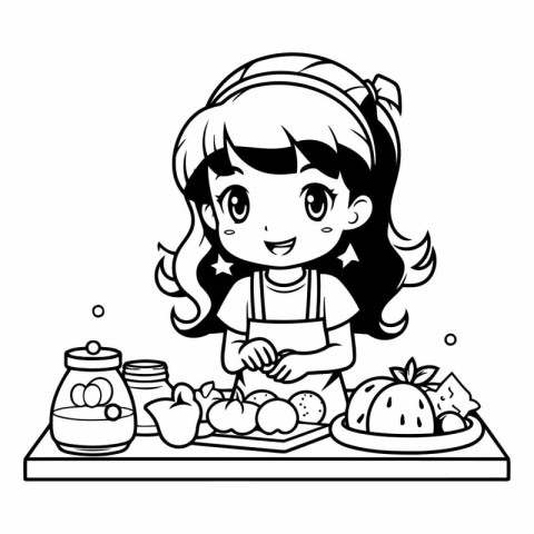 cute little girl in the kitchen with fruits and vegetables vecto