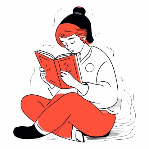 Illustration of a young woman reading a book on a white backgrou