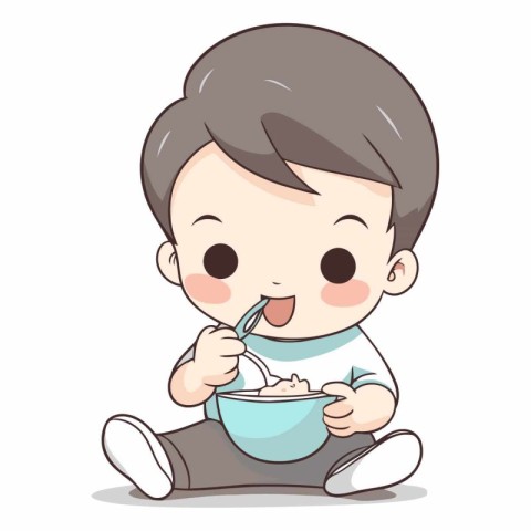 Cute little boy eating cereals with spoon.