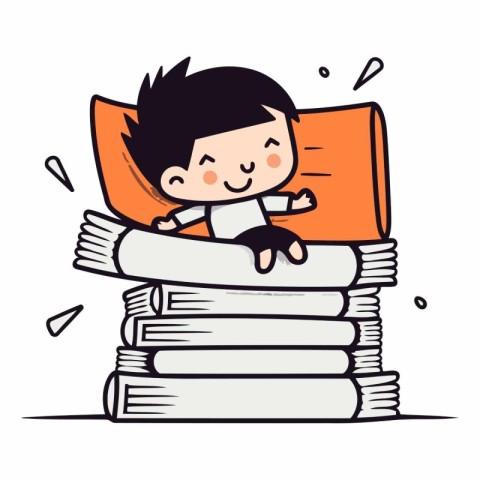 Cute boy sleeping on pile of books. Vector cartoon illustration.