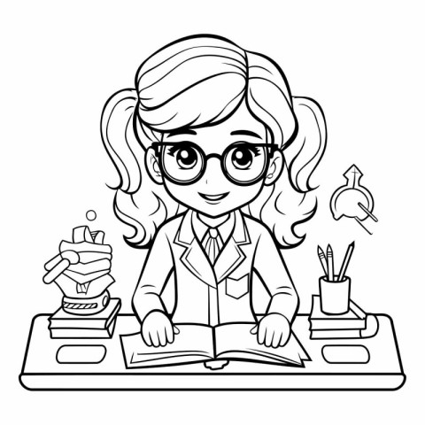 Coloring Page Outline Of a Girl Student Studying - Vector