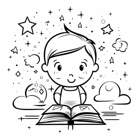 Cute cartoon boy reading book for coloring book.