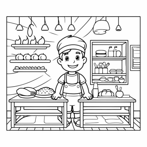 Cute boy cooking in a bakery. black and white vector illustratio