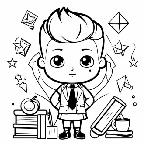 Black and White Cartoon Illustration of Elementary School Boy St