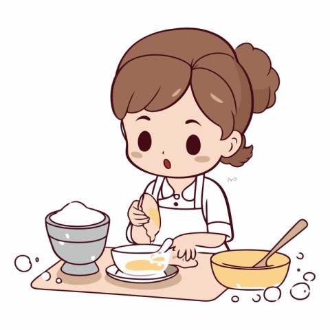 Illustration of a Little Girl Cooking in the Kitchen. Cartoon St