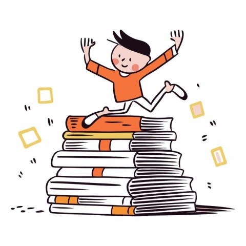 Boy jumping on stack of books in cartoon style.