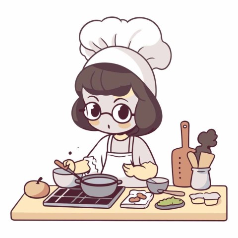 Vector illustration of a cute little chef girl cooking in the ki