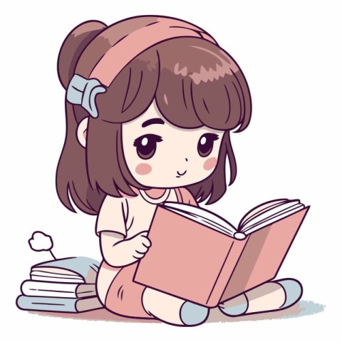 Girl reading a book. Cute cartoon style.