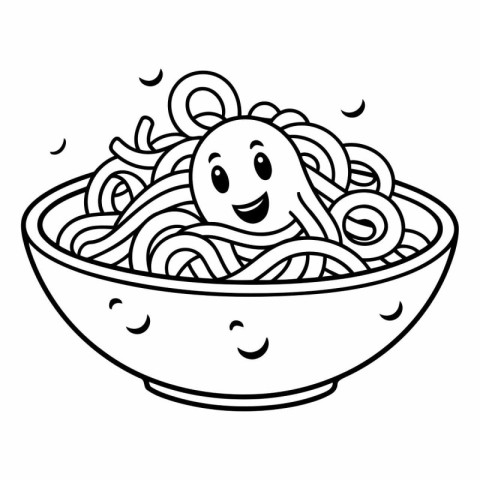 Black and White Cartoon Illustration of Spaghetti in Bowl for Co