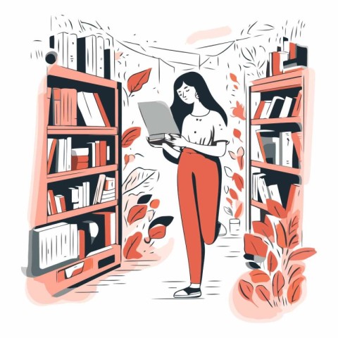 Vector illustration of a girl with a laptop and bookshelves in t