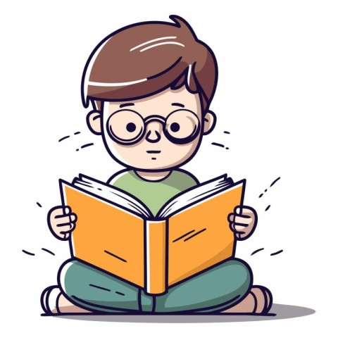 Cute boy reading a book in cartoon style.