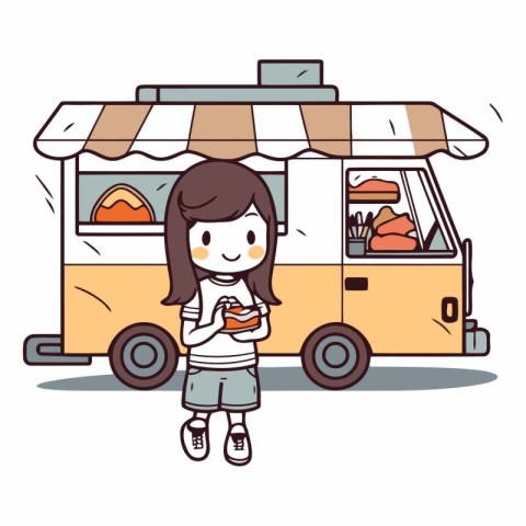 Illustration of a girl eating ice cream in a mini truck.