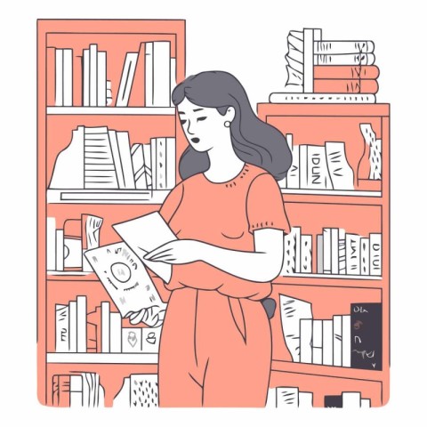 Woman choosing books in library in doodle style