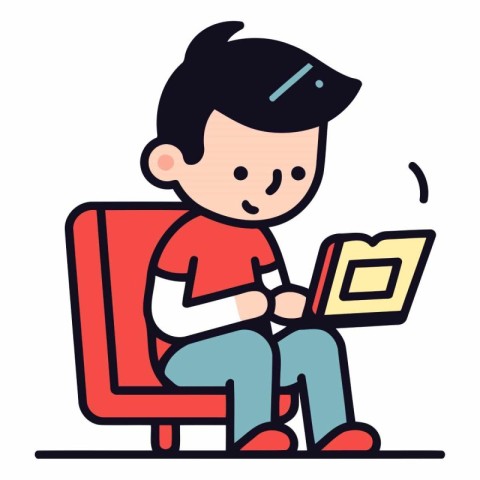 Vector illustration of a boy sitting on a chair and reading a bo