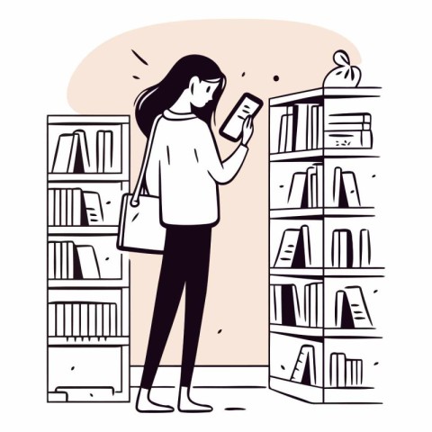 Woman using smartphone in library. Female character standing at