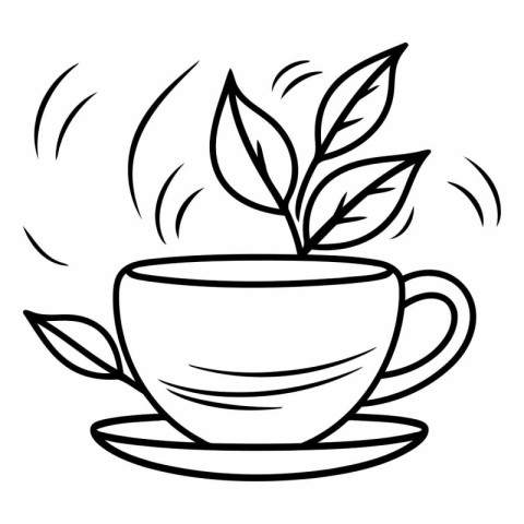 Cup of tea with leaves. Black and white vector illustration.