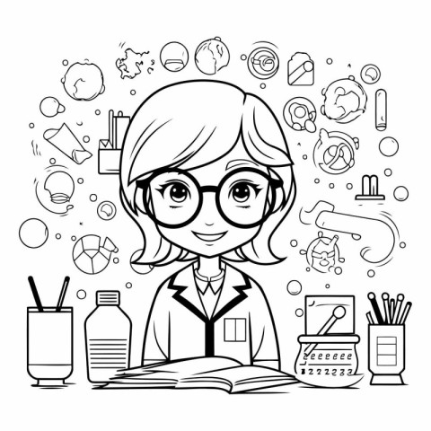 Cute schoolgirl with book and education icons vector illustratio