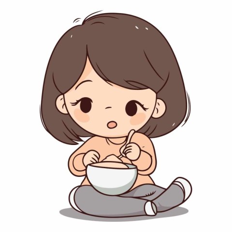 Illustration of a Cute Little Girl Eating a Bowl of Milk