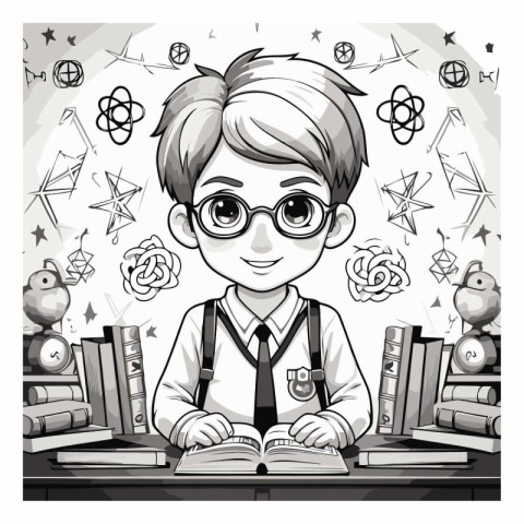 Cute boy sitting at the desk with books.