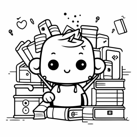 Outline of a cute little boy sitting on a pile of books