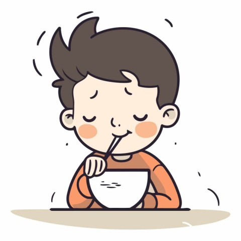 Illustration of a Kid Boy Eating a Bowl of Milk - Vector